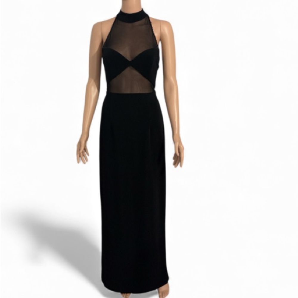 Niteline Vintage 90s  Black Cut Out Mesh Halter Long Formal Maxi Dress 6‎